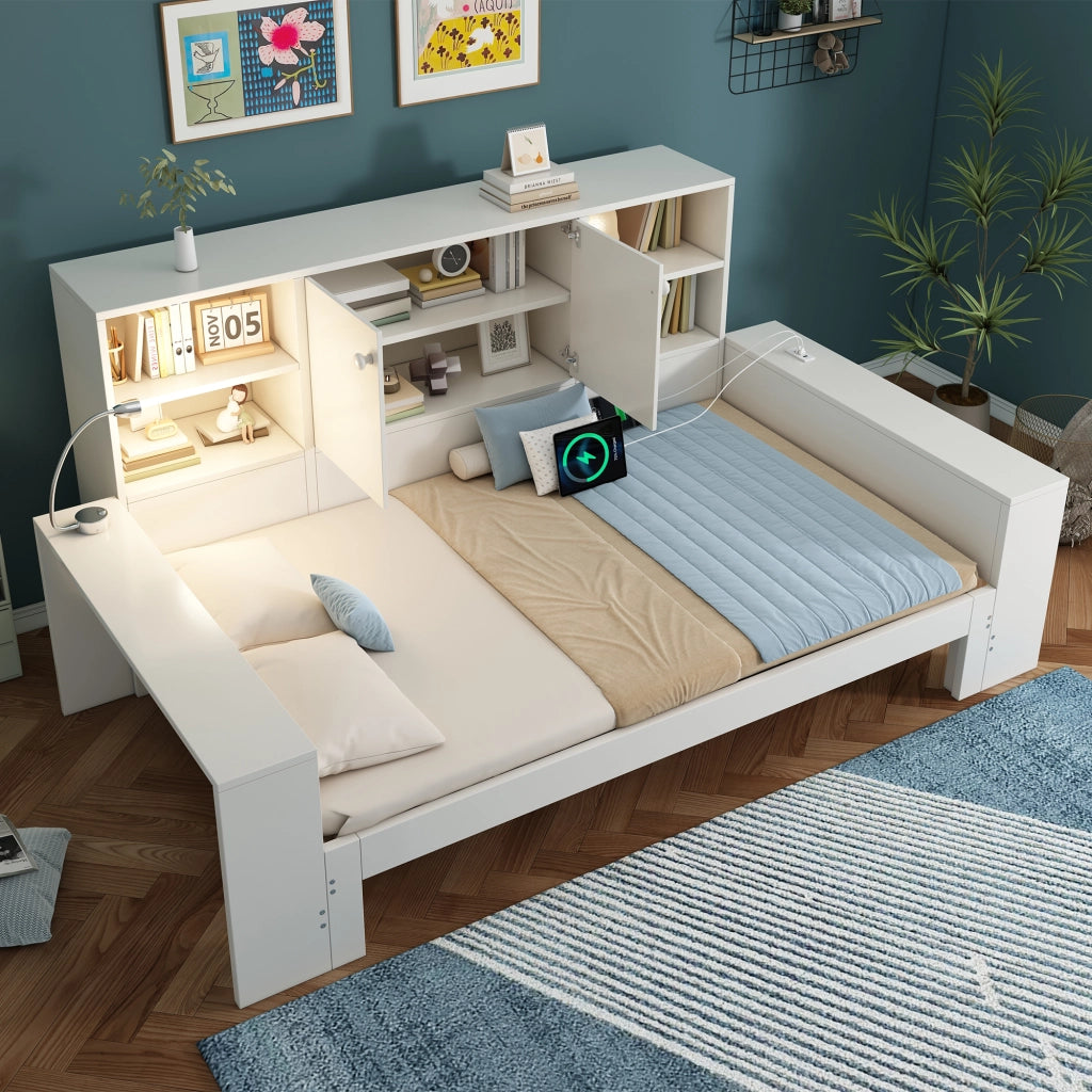 DESMIU Lit Simple 90 × 200 cm con letto estraibile, USB, Type-C e luce lettura, senza materasso, bianco