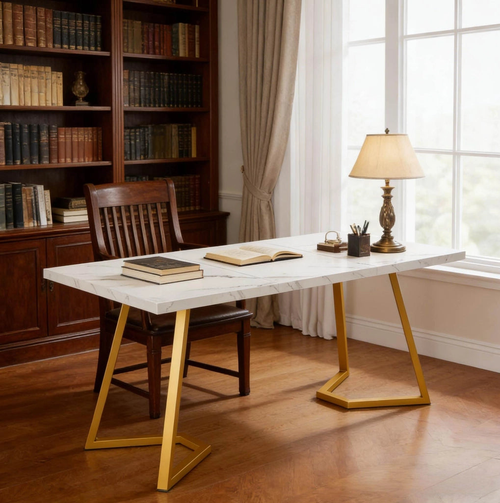 Scrivania moderna bianca e oro in legno e metallo