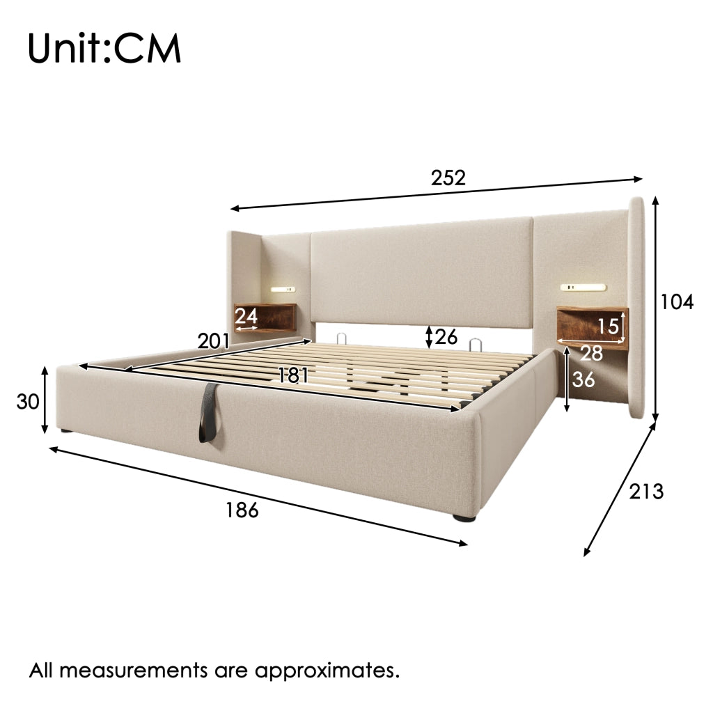 LETTO Contenitore 180x200 cm Beige in lino con testiera multifunzione e luci
