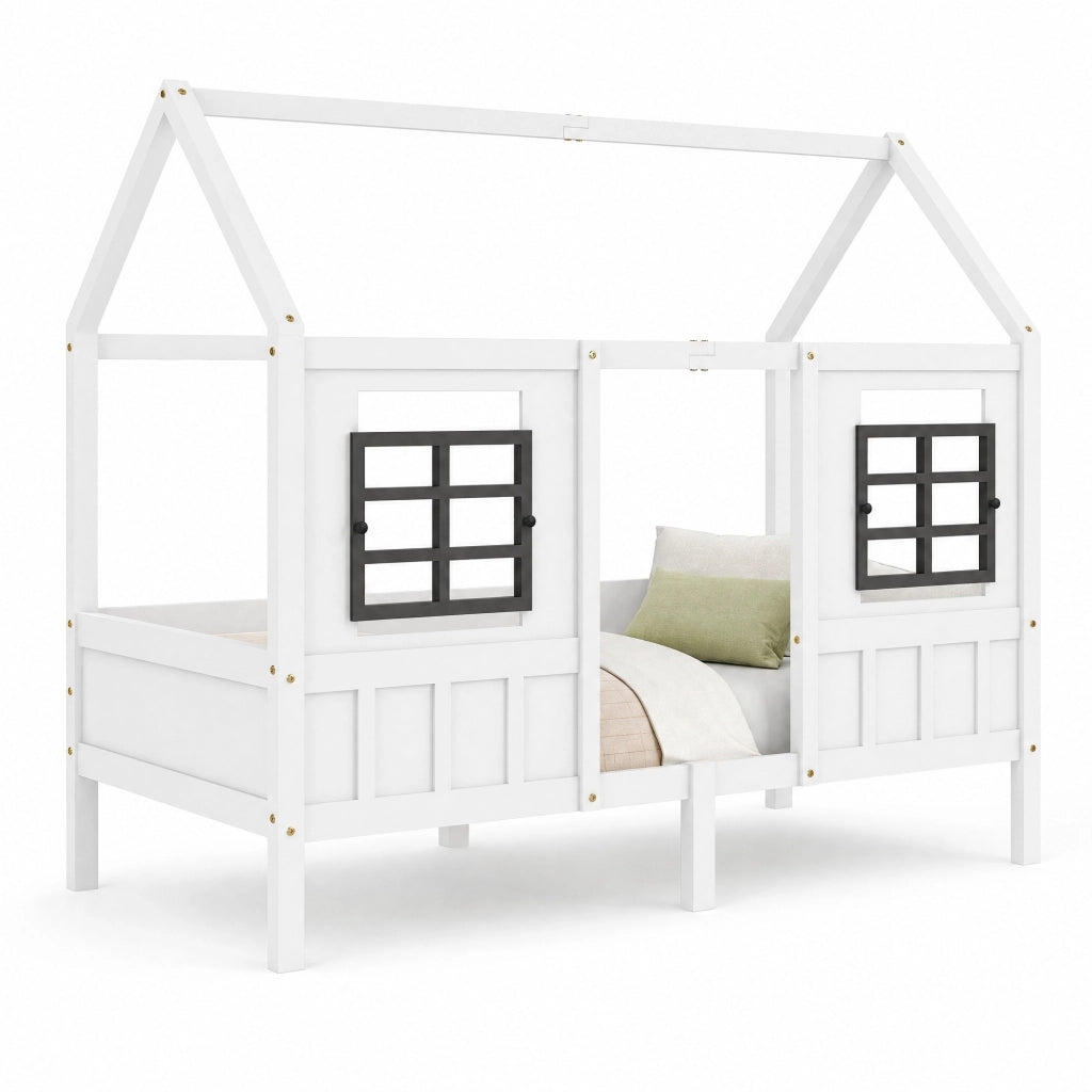 Letto singolo a casetta per bambini con 2 finestre 200x90 cm in legno massello e MDF bianco