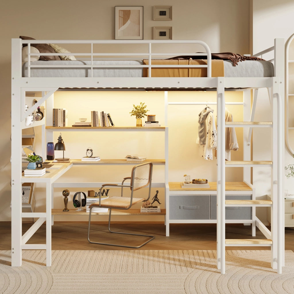 Letto a soppalco 140x200 cm con scrivania; LED e contenitore in MDF e metallo