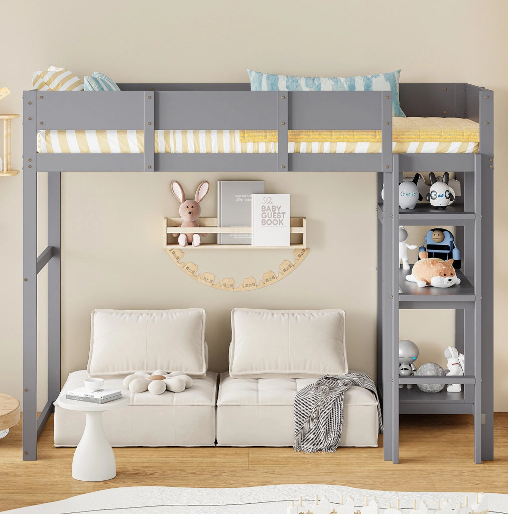 Letto a castello con ripiano 90x200 cm in legno di pino massello; grigio