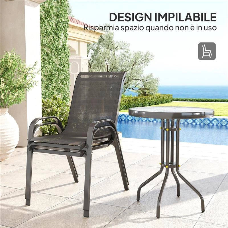 SET DA GIARDINO 3 PEZZI CON 2 SEDIE DA GIARDINO 54X71X93 CM E TAVOLINO ROTONDO Ø 60X71 CM IN ACCIAIO NERO