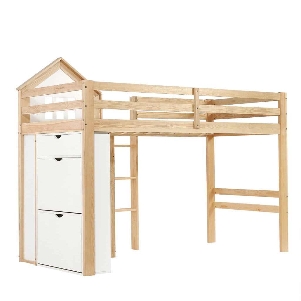 Letto a soppalco 90x200 cm, letto per bambini, con scaffale, cassetti, sponde di sicurezza, a forma di casetta, bianco e color legno