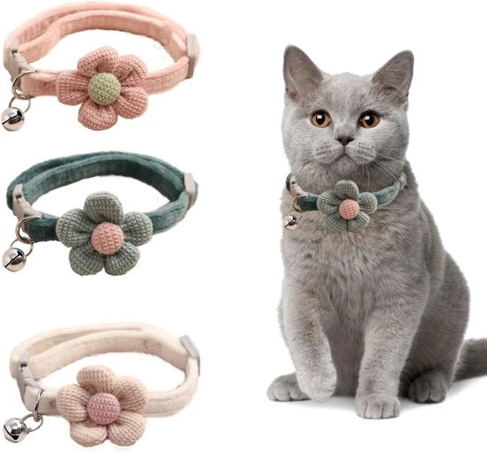 Set di collari per gatti con campanello e decorazione floreale, in suède adattabile, carino, adatto per cuccioli o gatti, colore rosa bianco verde - S - 19-32cm