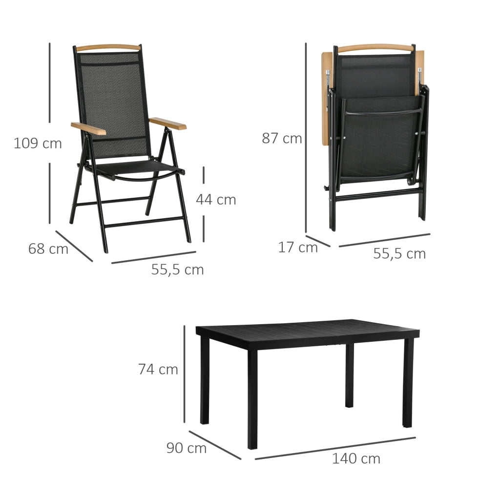 SET DA GIARDINO PIEGHEVOLE 6 POSTI 140x90 cm Alluminio Nero