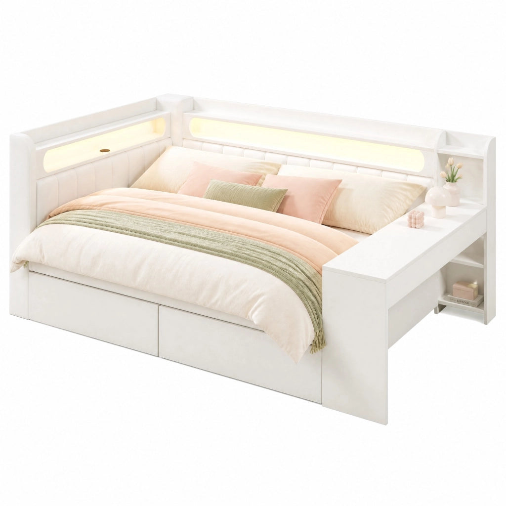 Letto daybed imbottito 140x200 cm con scrivania; 2 cassetti; LED e USB; bianco