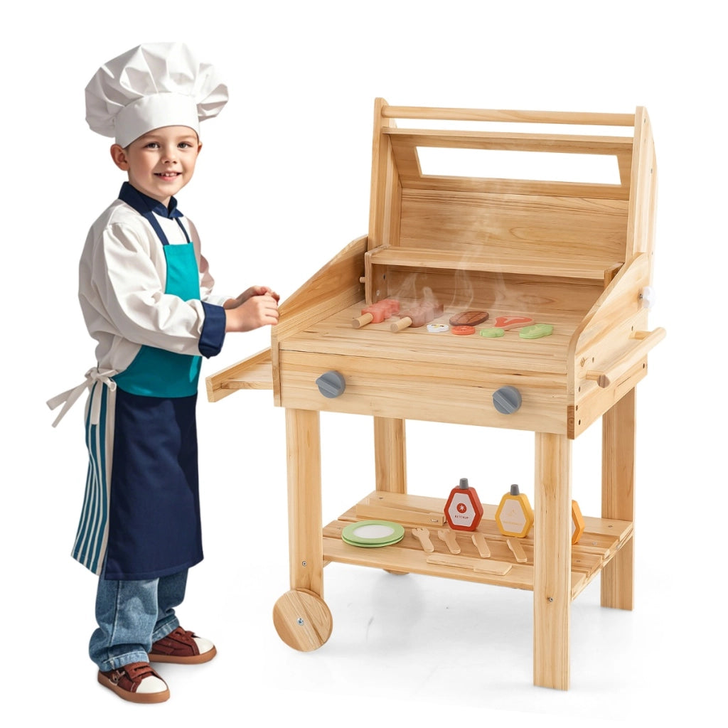 Griglia da gioco in legno con vassoio e supporto per riporre, Set da cucina immaginaria con cibo da gioco Naturale