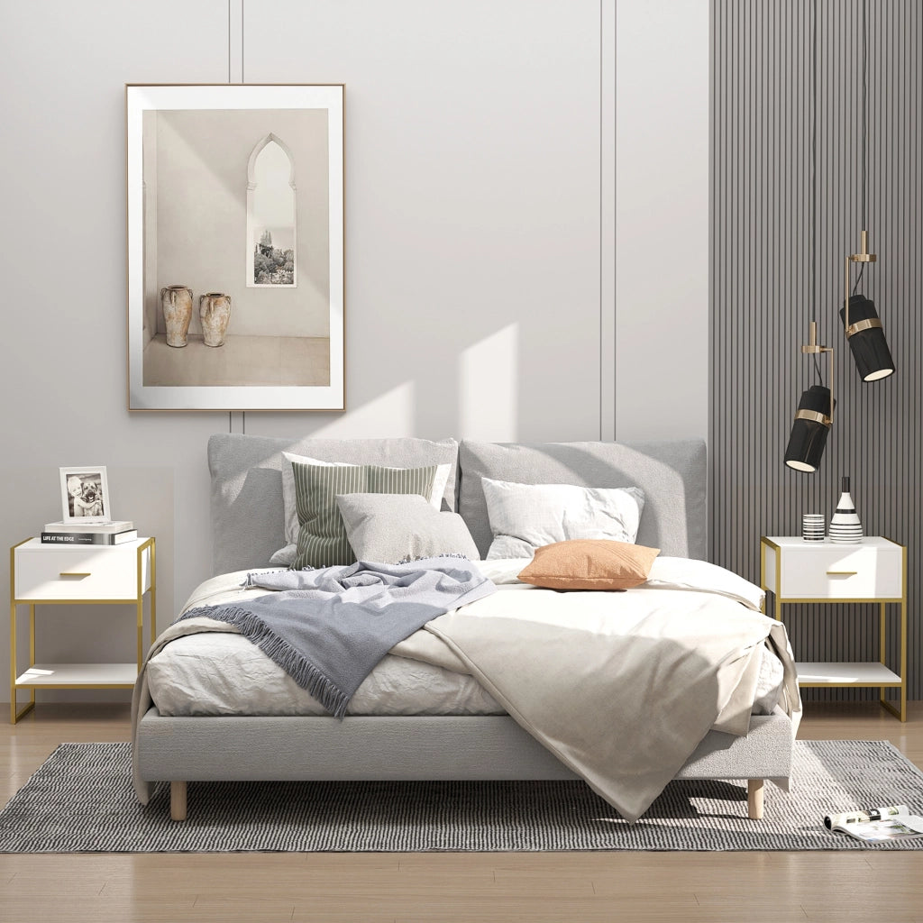 Set 2 Comodini Moderni con Cassetto e Ripiano Aperto in MDF e Acciaio, 45x40x60cm, Bianco e Oro