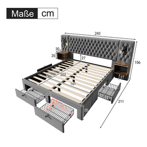 Letto con contenitore - Xylo - 160x200 cm - Grigio - 2 comodini, 4 cassetti, USB