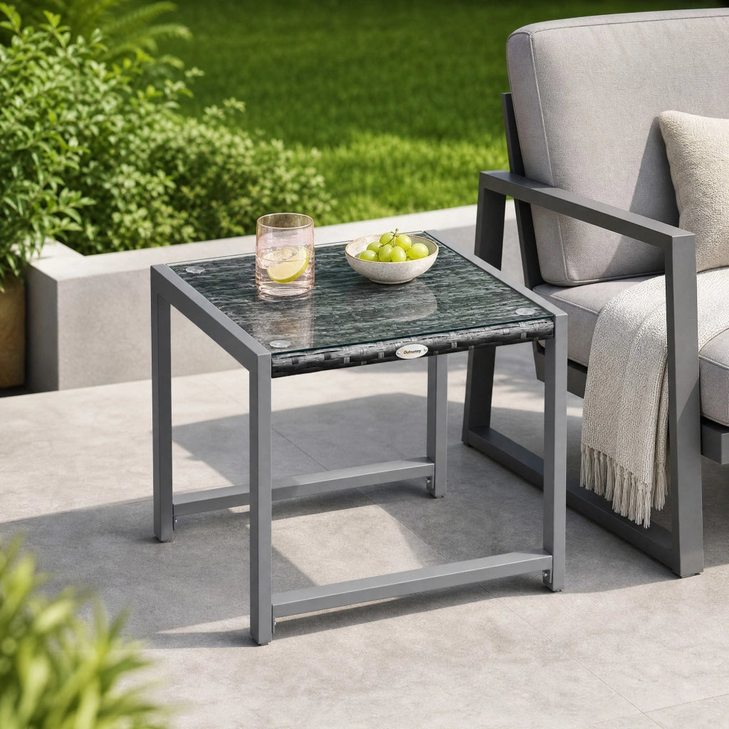 TAVOLINO DA GIARDINO Quadrato 50 x 49,5 x 50 cm Grigio Polyrattan e vetro temperato