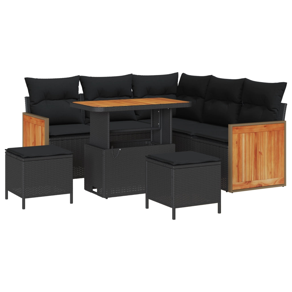 Set di 8 Pezzi Divano da Giardino con Cuscini Nero Rattan Polipropilene Acacia