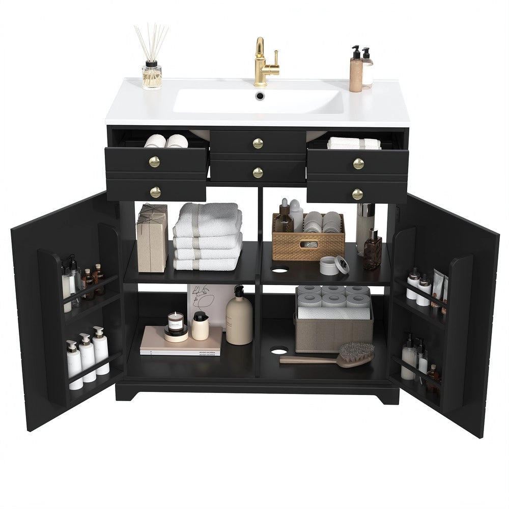Mobile da Bagno con Lavabo in Ceramica, Cassetti e Ante ¨C Xylo ¨C Nero e Oro