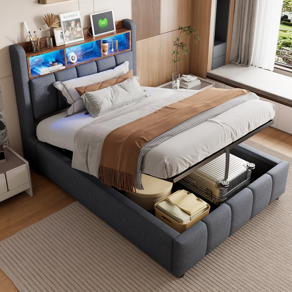 Letto imbottito singolo 90x200 cm con contenitore idraulico, LED RGB, USB e testiera con ripiani, grigio