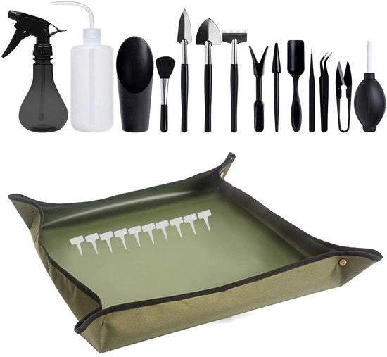 Set di attrezzi per piante da interni 25 pezzi, attrezzi per piante grasse con tappeto di giardino impermeabile, set di attrezzi per giardino mini pieghevole per piante grasse in vaso.