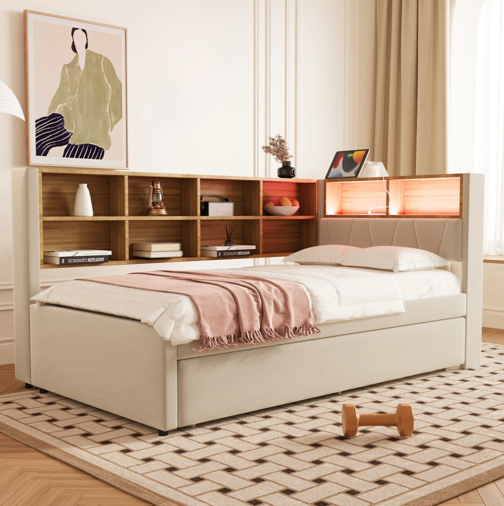 Divano letto multifunzione 90x200 cm con letto estraibile 90x190 cm; LED; beige
