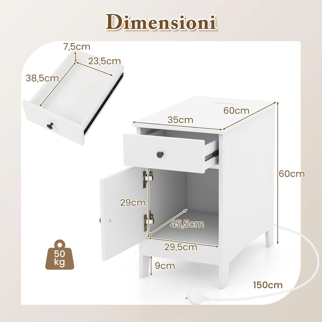 Tavolino Laterale con Stazione di Ricarica, Tavolino con Porte USB e Prese, Cassetto, Armadietto di Stoccaggio e Porta Riviste, Comodino per Camera da Letto e Salotto (Bianco)