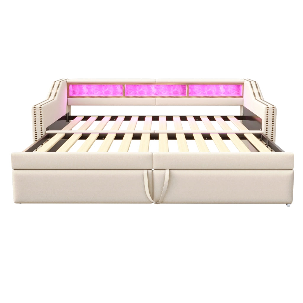 Letto imbottito estraibile 90/180 x 200 cm con vani portaoggetti; LED e USB; beige