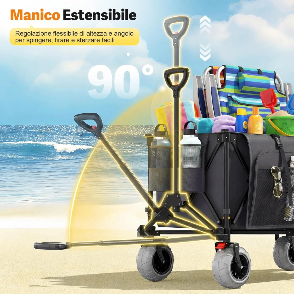 Carrello da Spiaggia Pieghevole 200L 150KG, Carrello Spiaggia per Tutti i Terreni con Ruote PU Extra Larghe 21.5x10cm, Carretto Pieghevole Maniglia Regolabile 90° per Spiaggia, Campeggio,Grigio