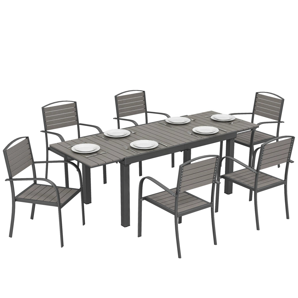 Set da giardino 7 pezzi con tavolo allungabile e 6 sedie impilabili ¨C Minimal ¨C effetto legno, telaio in alluminio