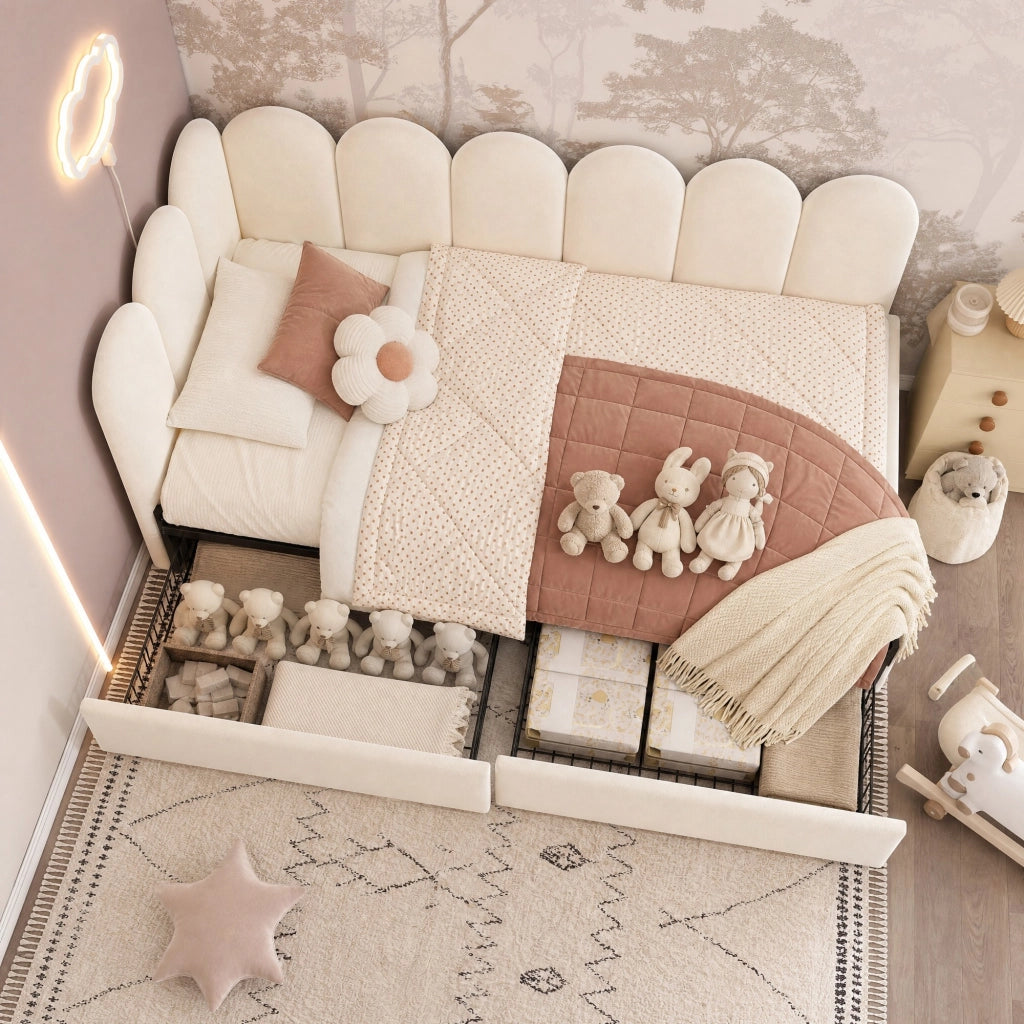 LETTO GIORNO L-Form 90x190 cm in Velluto Beige con 2 cassetti