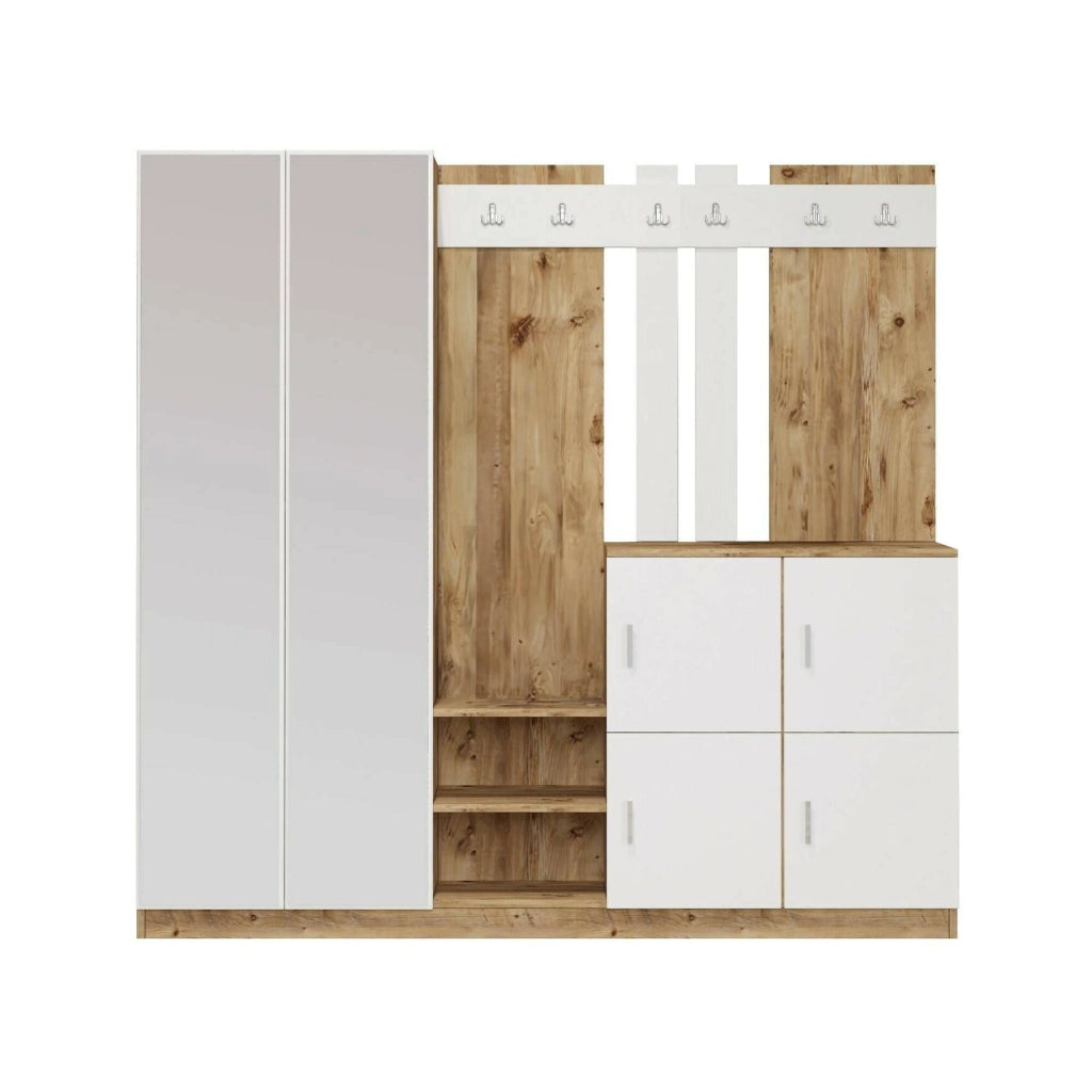 Mobile da ingresso Artin, Entratina appendiabiti, Composizione per atrio, Consolle portaoggetti multifunzione, 187x38h180 cm, Quercia e Bianco