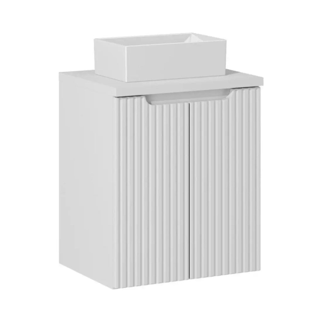Set da bagno VANO bianco 50cm: mobiletto sottolavabo con armadietti + piano per lavabo bianco + lavabo da appoggio rettangolare