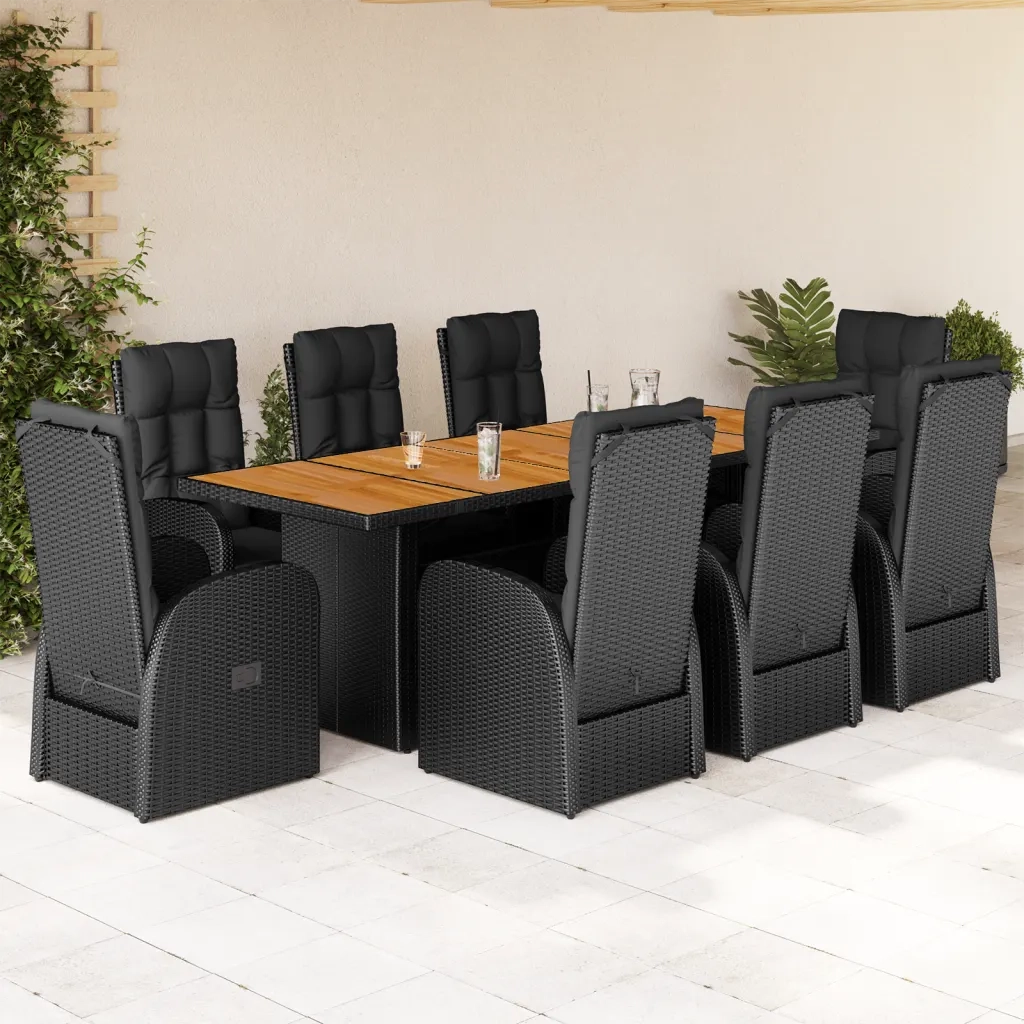 Set da Pranzo da Giardino 9 pz con Cuscini Nero in Polyrattan 3277635