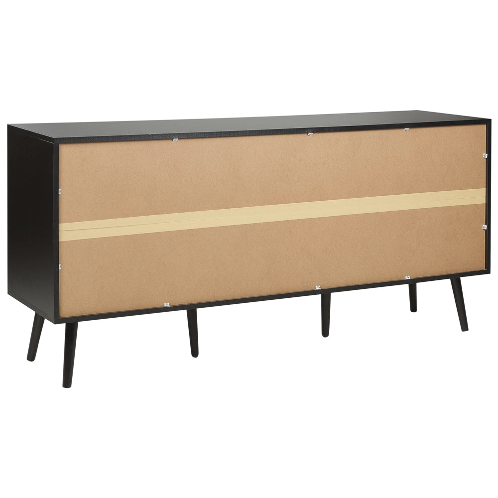 Credenza a 3 ante in legno di manifattura nero con frontale in rattan Gambe in legno di gomma nero Soggiorno in stile Boho