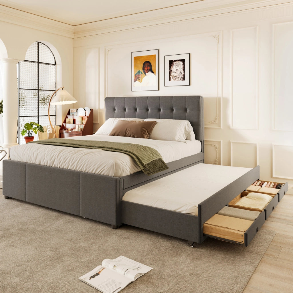 Letto imbottito 140x200 cm con letto estraibile e 3 cassetti