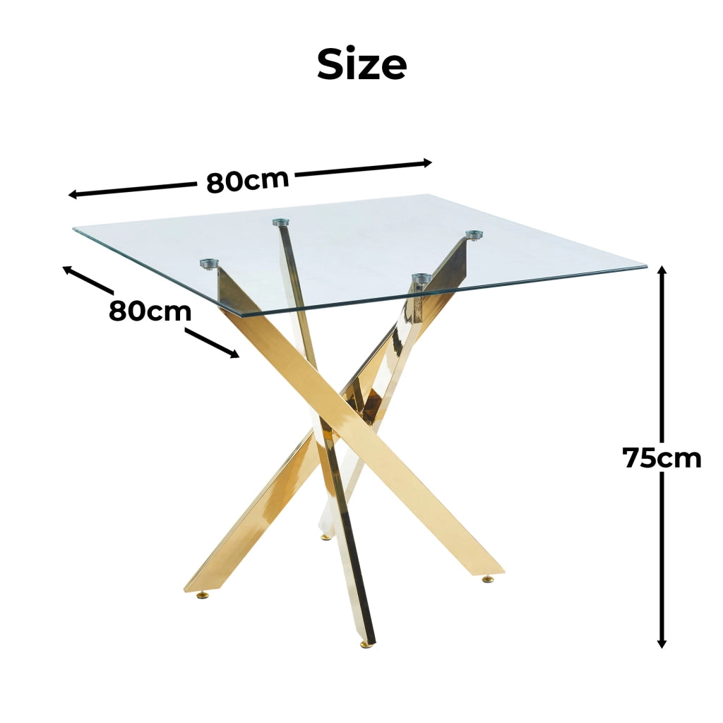 Tavolo da pranzo quadrato con piano in vetro e gambe incrociate in metallo; Stile Moderno; 80×80×75 cm; Oro