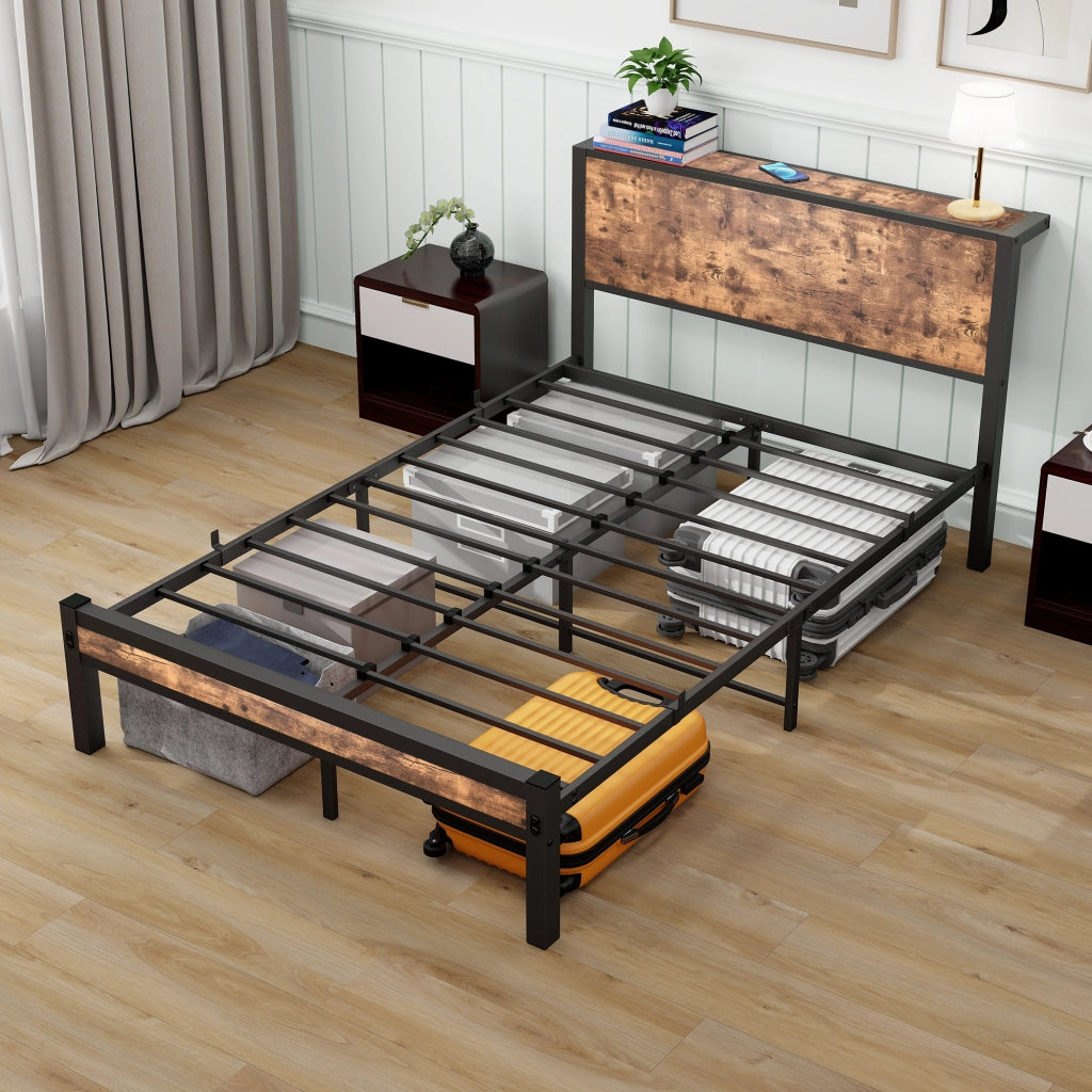 Letto singolo in metallo 120x200 con testiera contenitore; marrone vintage; senza boxspring
