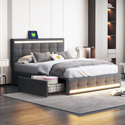 Letto imbottito con LED - Zephmum- 140x200 cm - Grigio - 4 cassetti, 2 porte USB, testiera LED