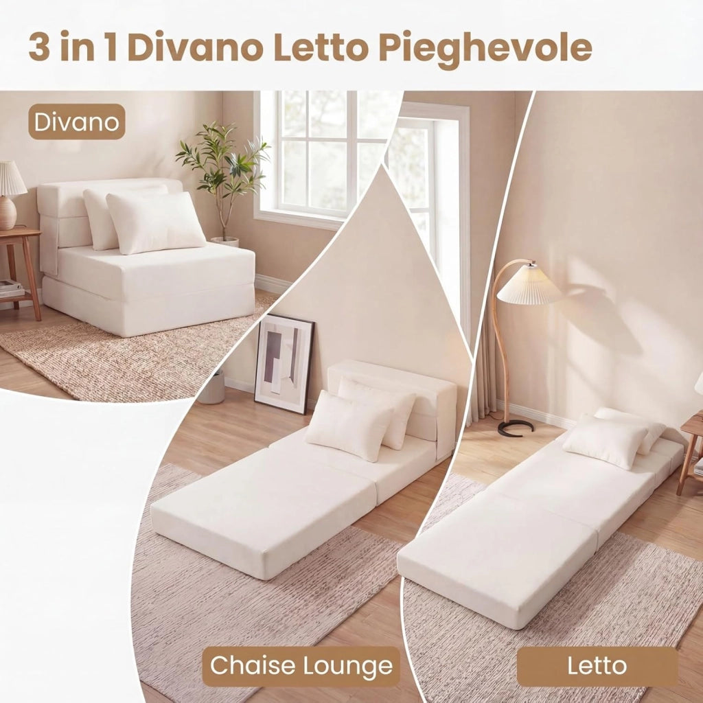 Divano Letto 2 Posti Pieghevole, 3 in 1 Divanetto Trasformabile con 2 Cuscini, Schiuma ad Alta Densità e Rivestimento in Tessuto Chenille, Poltrona Letto per Soggiorno (Beige,72 x 76 x 58 cm)