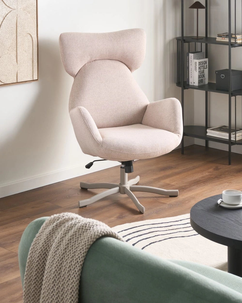 Poltrona girevole in tessuto beige con base girevole e schienale alto poltrona ergonomica