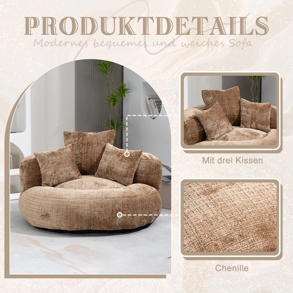 Poltrona Pouf Relax 1 Posto a Schienale Alto con Braccioli e 3 Cuscini Comfort Avvolgente in Ciniglia Caffè