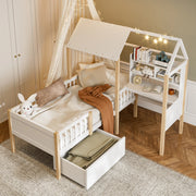 Letto per bambini 90 × 200 cm con scrivania, libreria, cassetti su ruote, sponda di sicurezza, senza materasso