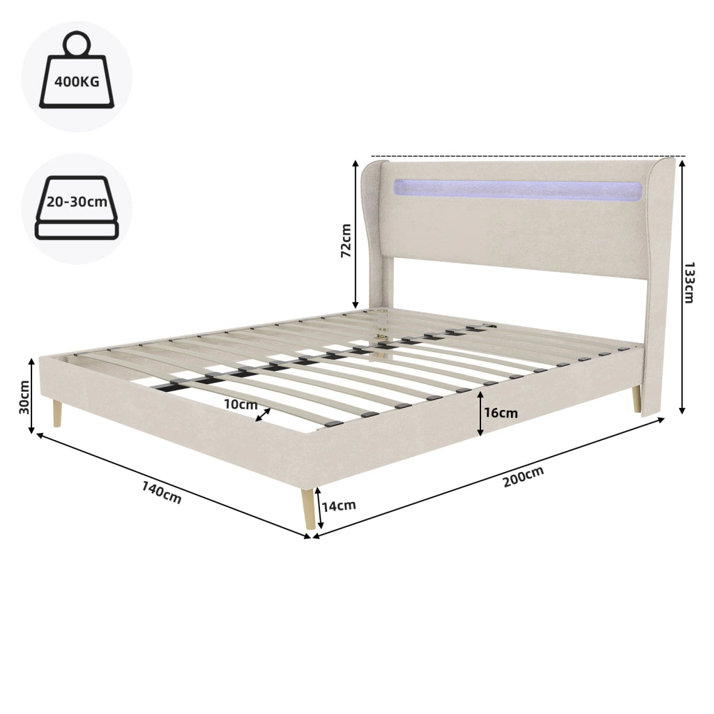 Letto Matrimoniale 140x200 cm; LED Regolabile e Schienale Regolabile in Tessuto - Beige