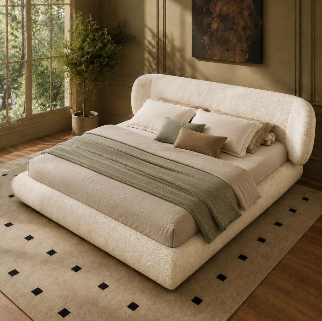 Letto matrimoniale imbottito 180 x 200 cm in ciniglia beige con rete a doghe e testiera