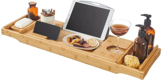 Batuffolo per vasca idromassaggio in bambù espandibile - tavola per vasca idromassaggio - supporto per bicchiere e libro - 75-109 x 4,5 x 23 cm