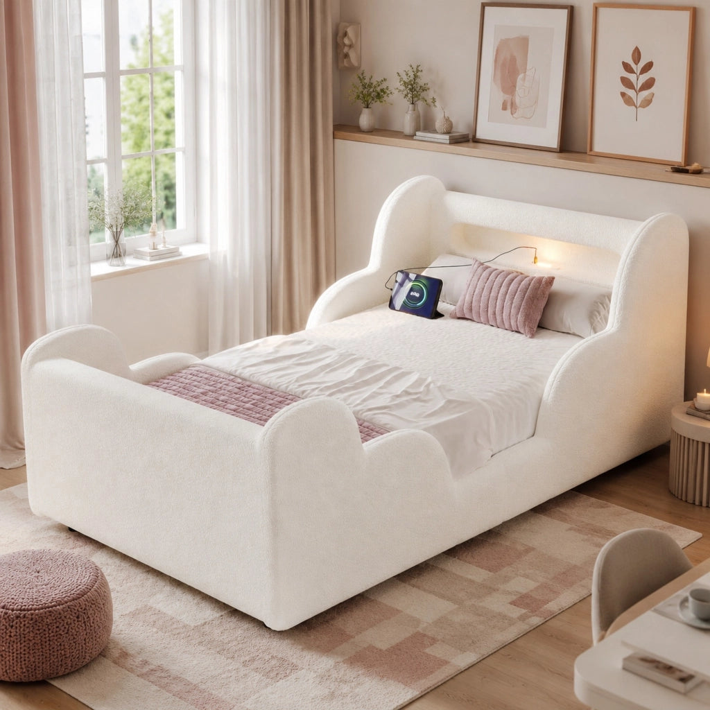 Letto per Bambini 90x200 cm; Letto Singolo - sponde imbottite; USB e Type-C - Beige