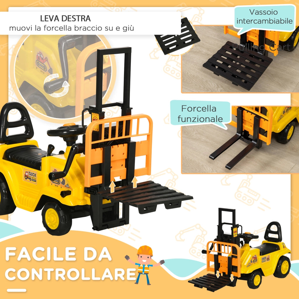 EasyComfort Trattore a Pedali per Bambini 3-4 Anni con Muletto e Spazio Portaoggetti, 86x27.5x47.5 cm, Giallo e Nero