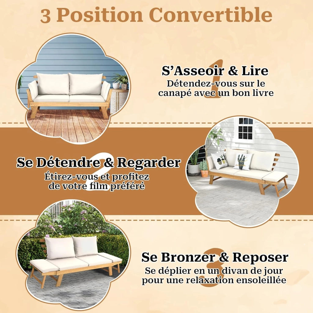 3 in 1 Divano convertibile Letto Giardino Esterno, Divano 2-4 Posti in Legno di Acacia con Cuscini di Schienale e Seduta Spessa Rimovibile, Carico 320KG, per Balcone Terrazza, Bianco