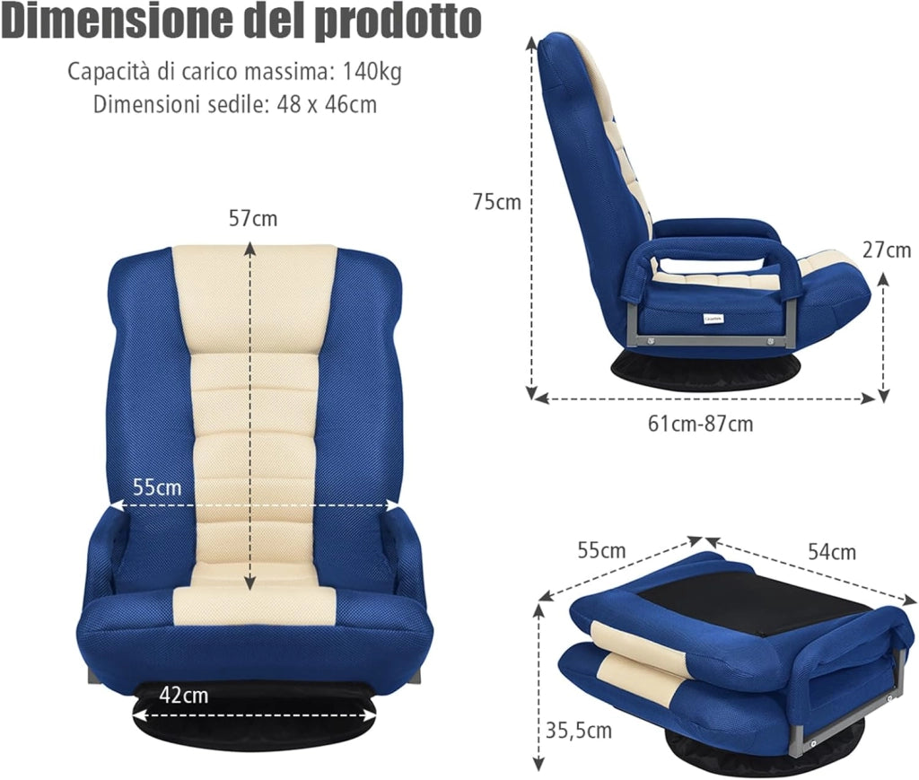 Sedia da Pavimento Pieghevole, Poltrona Sedia da Yoga per Meditazione, Portatile Inclinabile Girevole, da Salotto Camera da Letto (Blu)