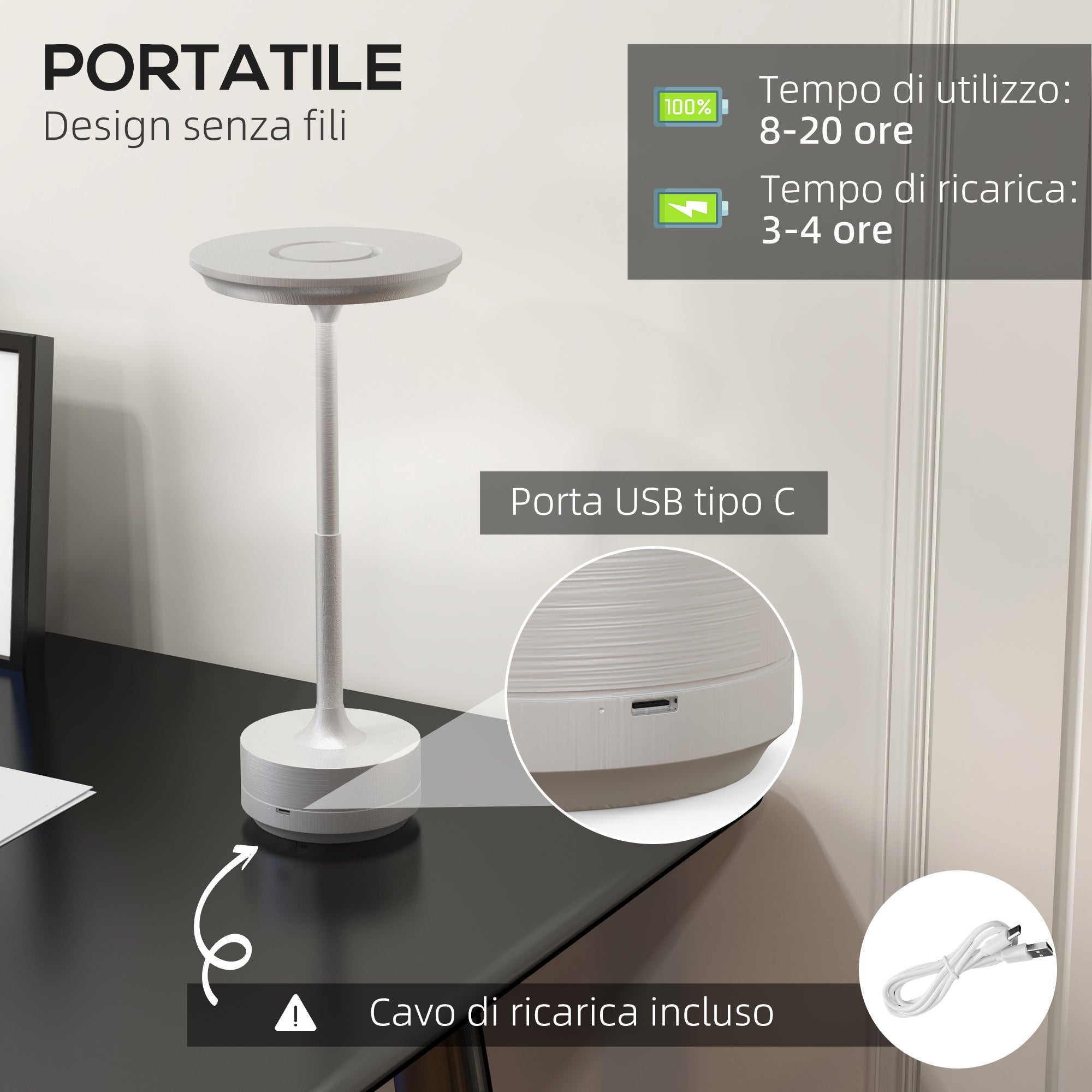 Lampada da Tavolo a LED Senza Filo Touch Ø13x28,5 cm Batteria Ricaricabile Argento
