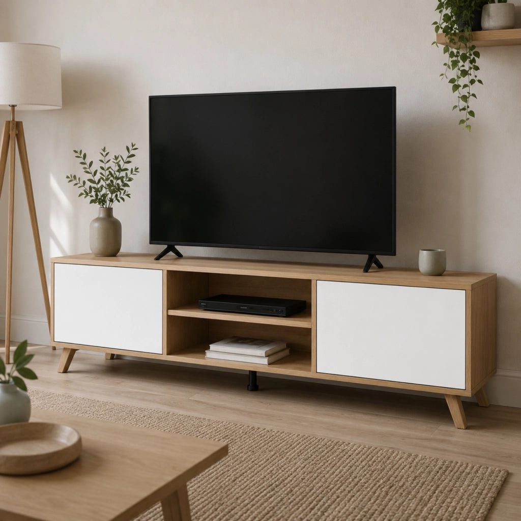 Mobile TV Contemporaneo Con 2 Ante Battenti Ripiani Centrali Aperti Gambe Design Scandinavo Per Televisori Fino A 75 Pollici 180 X 39,6 X 49 Cm Bianco E Rovere
