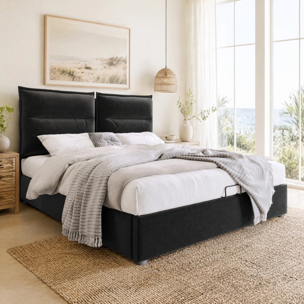Letto matrimoniale imbottito 140x200 cm in velluto nero con testiera regolabile e contenitore