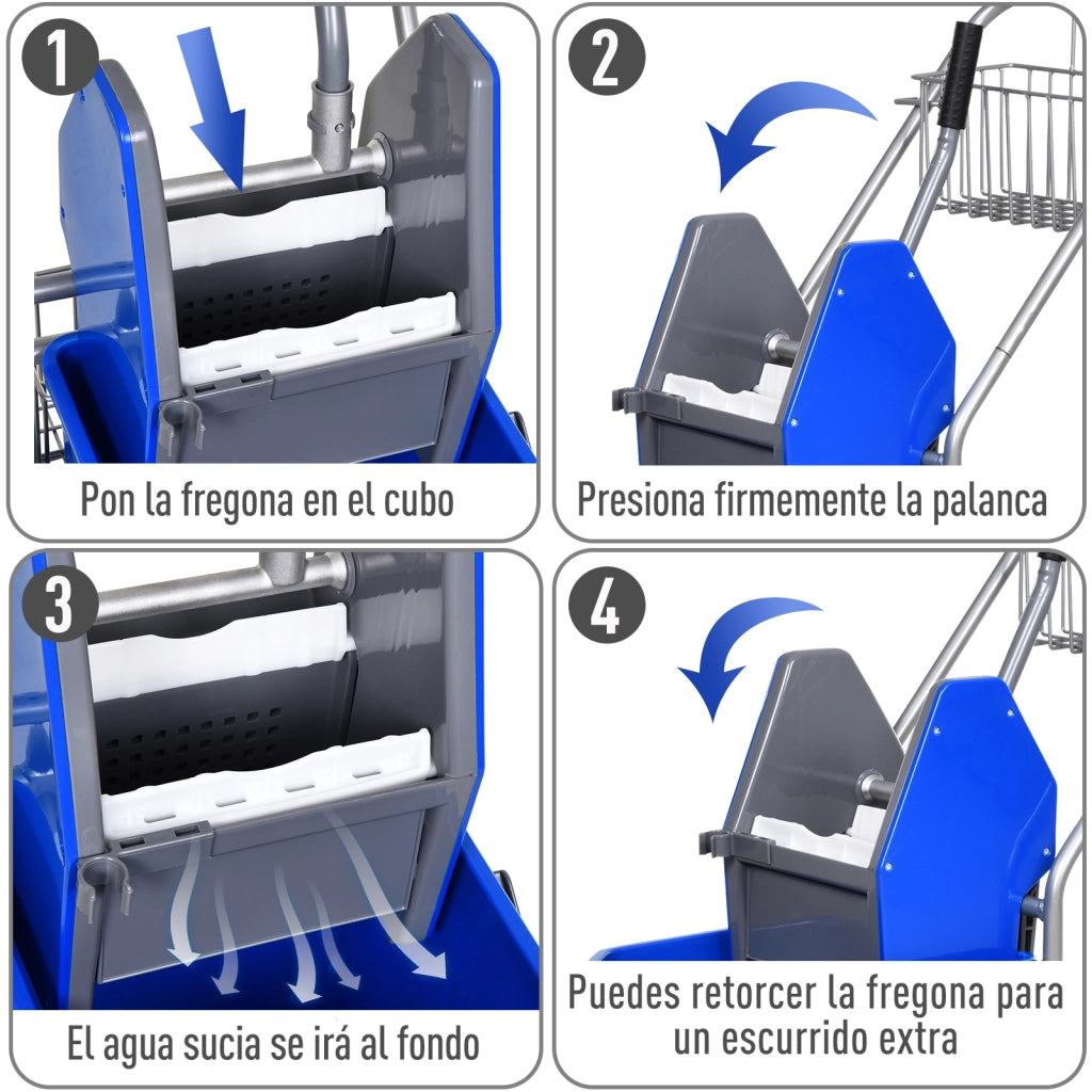 Secchio per Lavapavimenti 26 L con Sgocciolatore a Pressione Ruote e Cestini ¨C zephmum ¨C 73x45x95 cm Blu