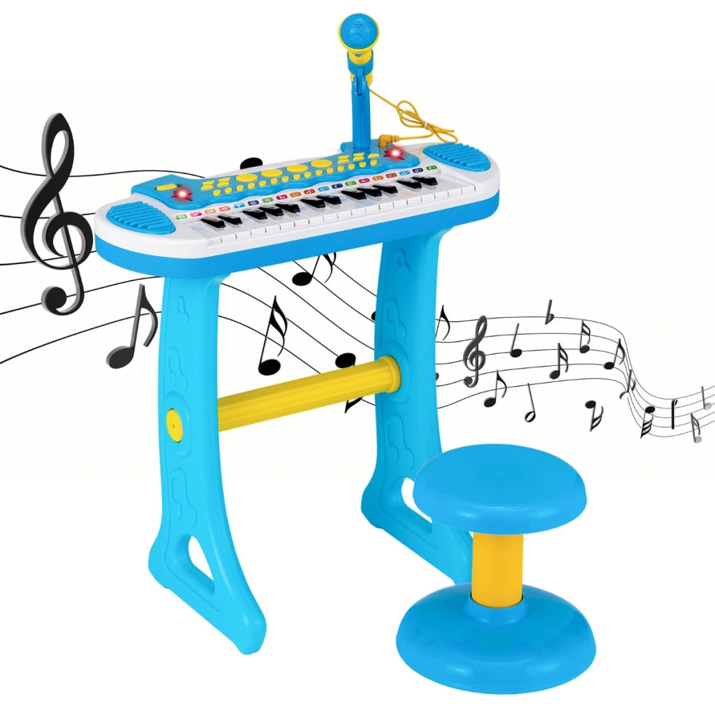 Pianoforte digitale per bambini 3+ anni con microfono e luci 31 tasti, Tastiera elettronica portatile Blu