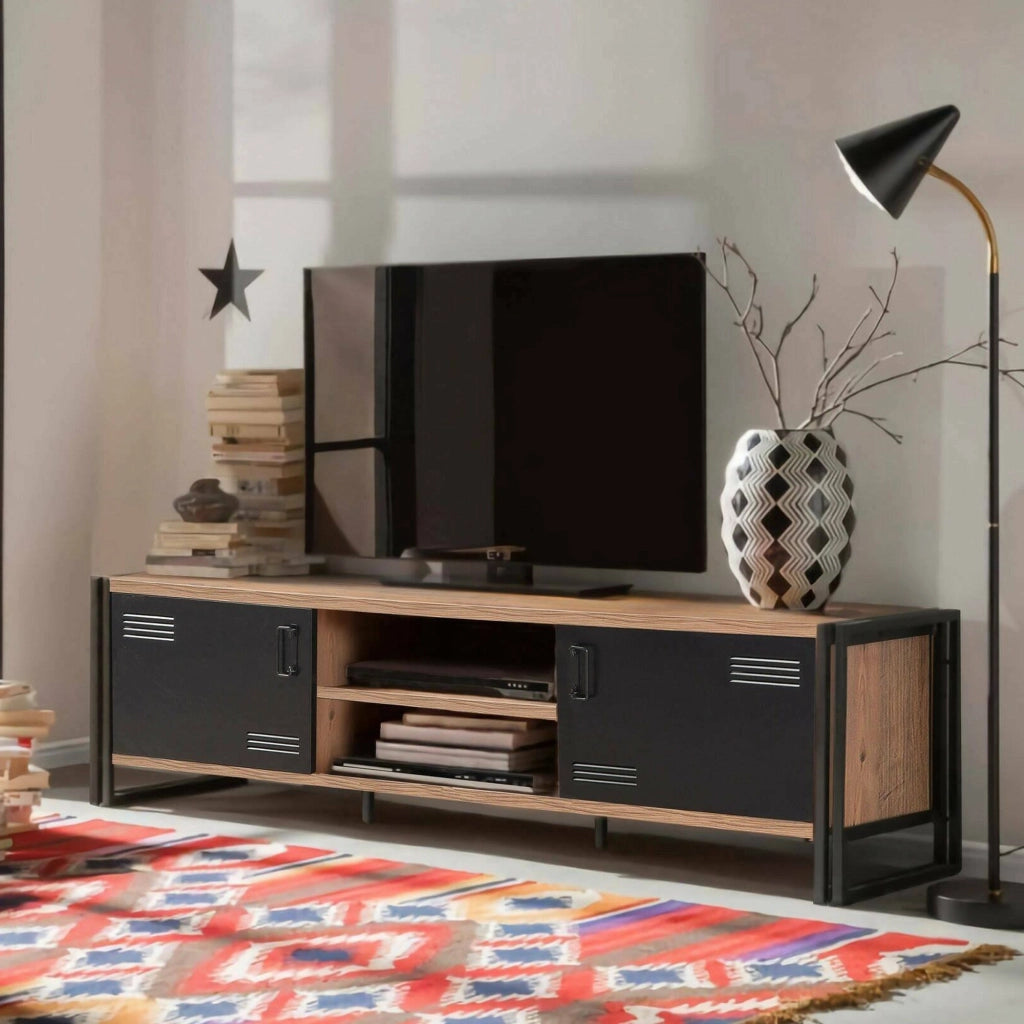 Mobile porta TV Cyprien, Credenza da soggiorno, Armadio basso per TV, Base parete attrezzata, 180x45h50 cm, Quercia e Nero